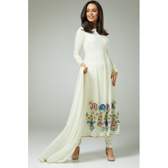 Off White Anarkali Gown Dress Indian Suit