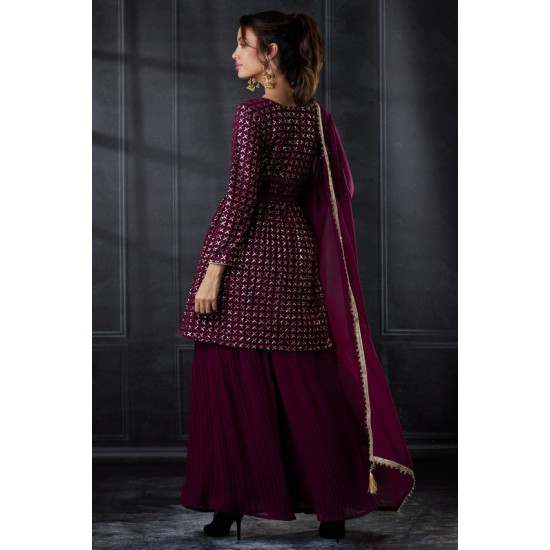 Dark Plum Pakistani Designer Kurti & Gharara Dress