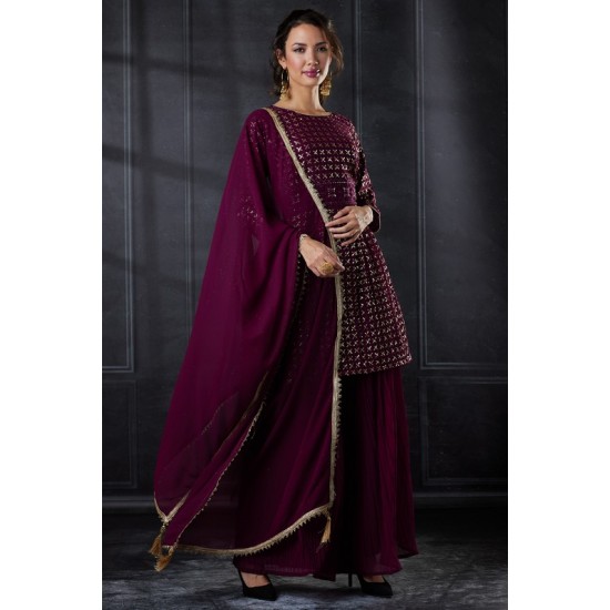 Dark Plum Pakistani Designer Kurti & Gharara Dress