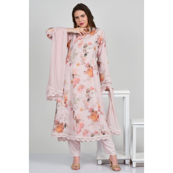 Light Pink Floral Printed Anarkali Dress