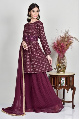Plum Embellished Eid Party Gharara Dress