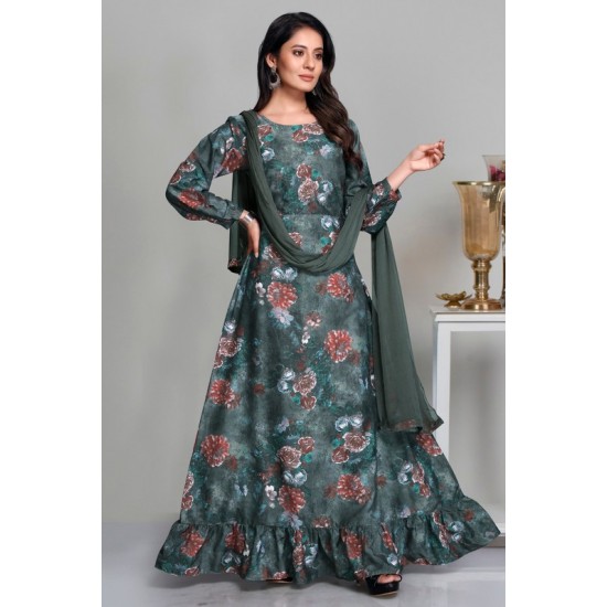 Charcoal Grey Printed Long Dress Party Wear Gown
