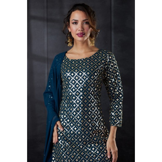 Dark Blue Mirror Work Wedding Party Gharara Suit