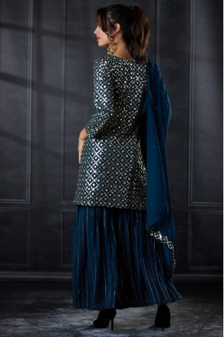 Dark Blue Mirror Work Wedding Party Gharara Suit