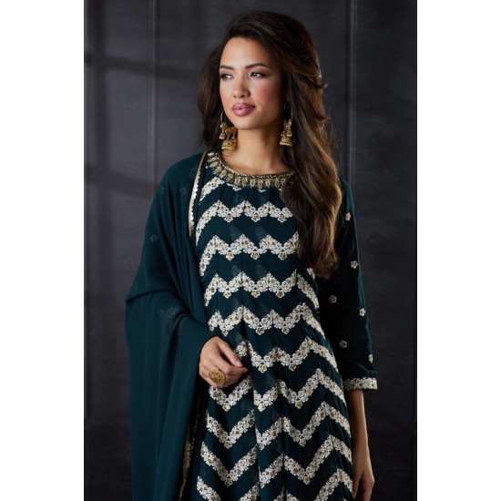 Peacock Blue Embroidered Kurti & Gharara Style Dress