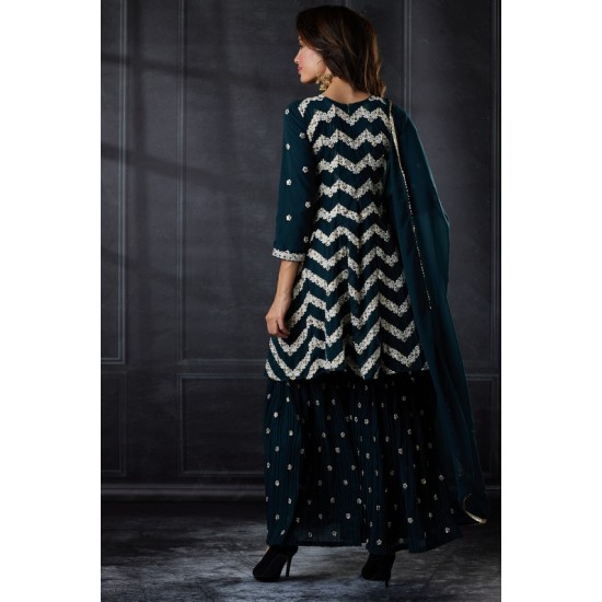 Peacock Blue Embroidered Kurti & Gharara Style Dress