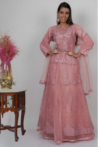 Hot Pink Heavy Embroidered Net Wedding Lehenga