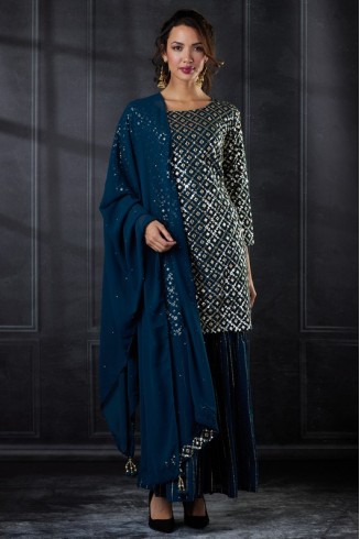 Dark Blue Mirror Work Wedding Party Gharara Suit