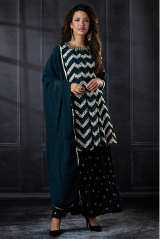 Peacock Blue Embroidered Kurti & Gharara Style Dress