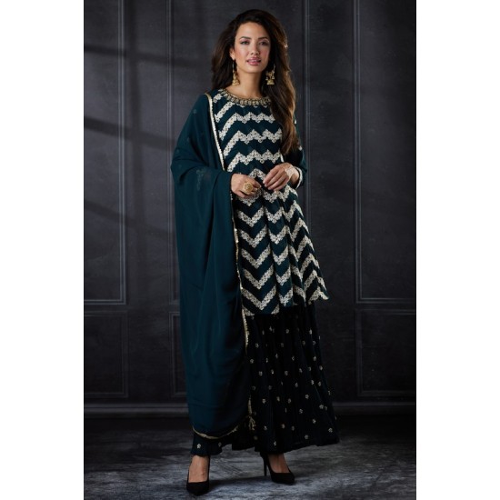 Peacock Blue Embroidered Kurti & Gharara Style Dress