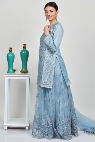 Blue Heavy Net Embroidered Indian Wedding Lehenga Readymade Dress