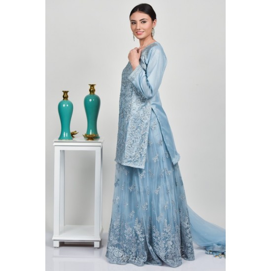 Blue Heavy Net Embroidered Indian Wedding Lehenga Readymade Dress