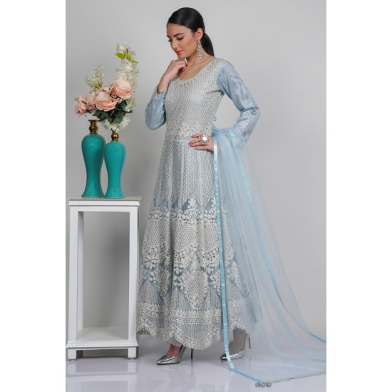 Dusty Blue Net Embroidered Anarkali Dress