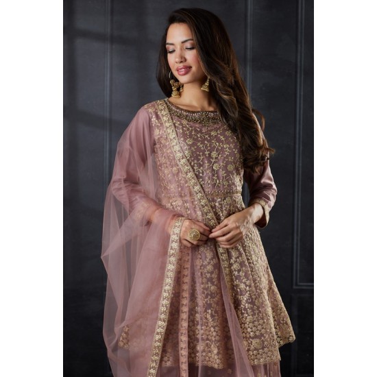 Rose Pink Net Heavy Embroidered Readymade Sharara Suit