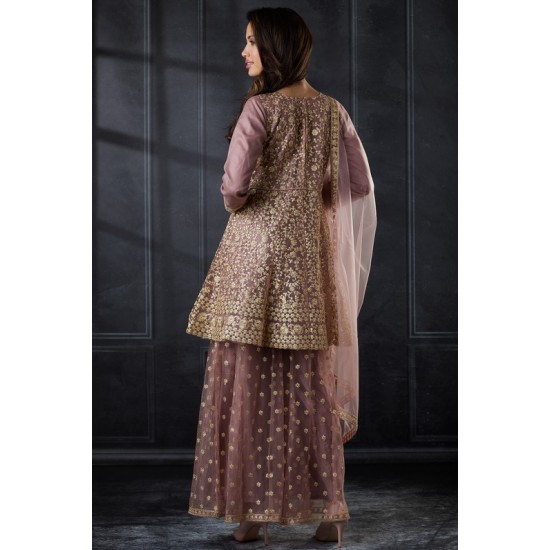 Rose Pink Net Heavy Embroidered Readymade Sharara Suit