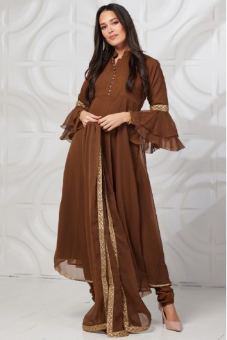 Brown Indian Designer Ready to Wear Frock Dress
