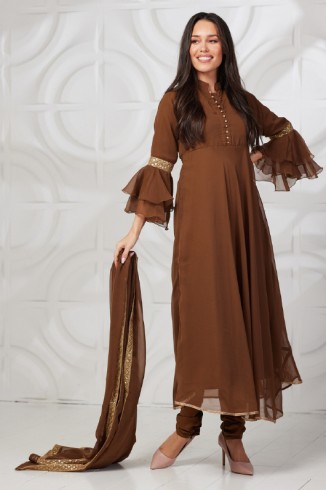 Brown Indian Designer Ready to Wear Frock Dress