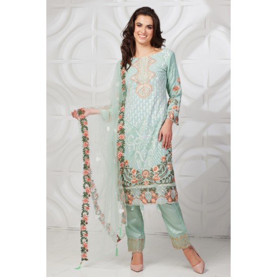 Mint Floral Party Suit Pakistani Designer Salwar Kameez