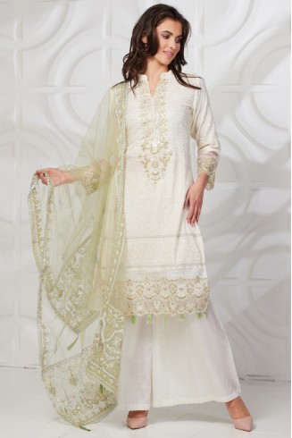 Off White Pista Embroidered Indian Ladies Palazzo Suit