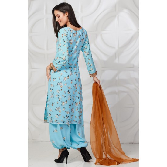 Blue Floral Printed Afghani Style Salwar Suit