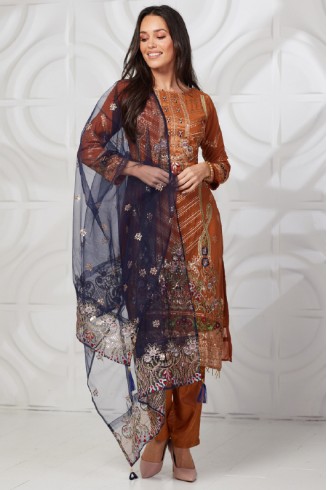 Rust Blue Embroidered Festive Party Suit