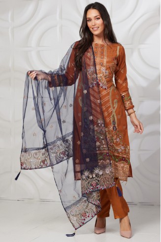 Rust Blue Embroidered Festive Party Suit