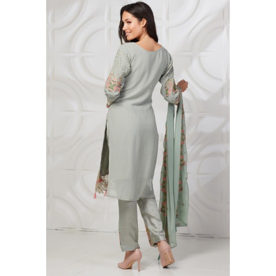 Grey Embroidered Kurti Trouser Festive Suit