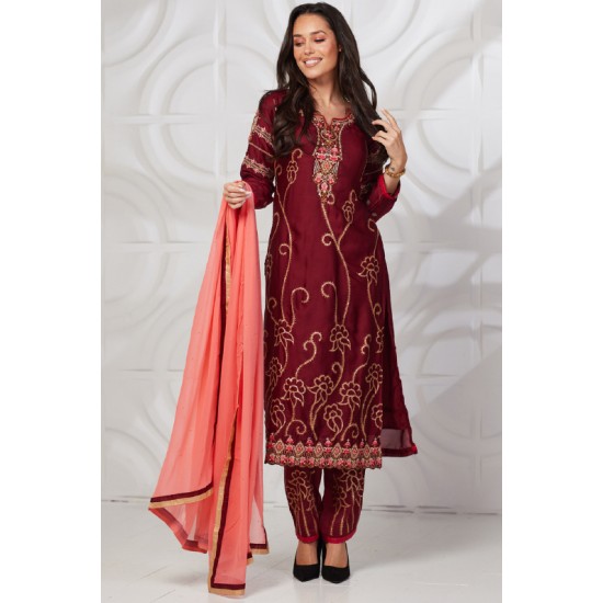 Maroon Embroidered Indian Party Salwar Kameez