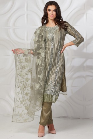 Moss Green Fashionable Design Embellished Suit