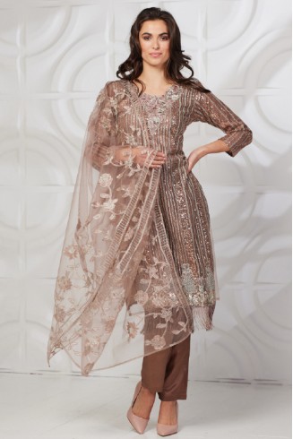 Mauve Embroidered Sequin Chiffon Dupatta Suit