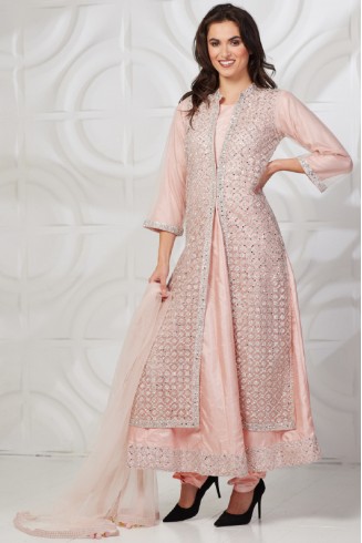 Peach Net Jacket Style Frock Fancy Party Suit