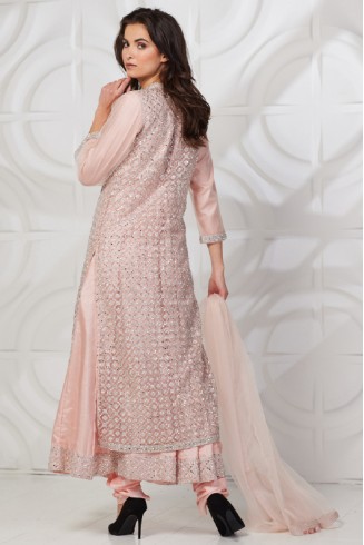 Peach Net Jacket Style Frock Fancy Party Suit