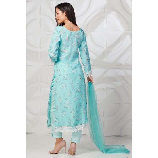 Sky Blue Minimal Floral Printed Suit