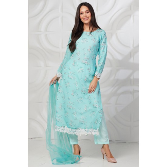 Sky Blue Minimal Floral Printed Suit