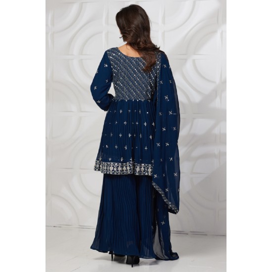 Teal Blue Sequin Party Style Layered Gharara Suit