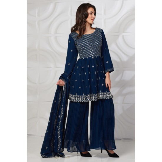 Teal Blue Sequin Party Style Layered Gharara Suit