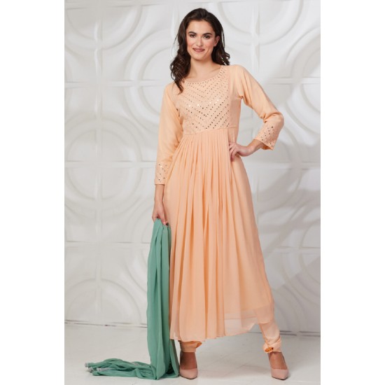 Peach Embroidered Frock Style Anarkali Dress