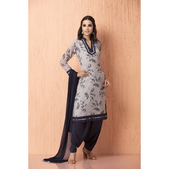 Grey Floral Printed Pakistani Designer Salwar Kameez