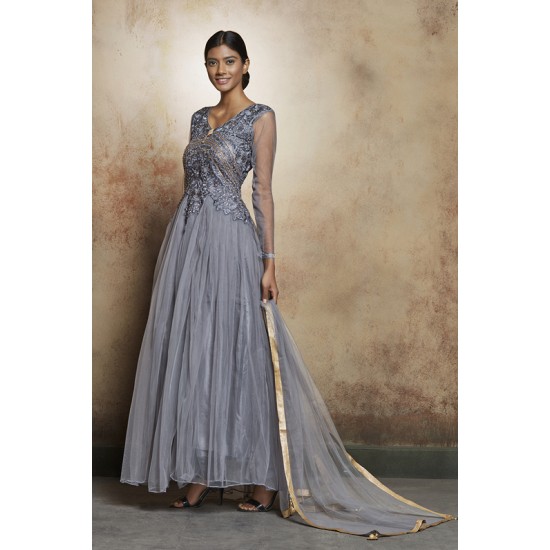 DAZZLING GREY LONG SHEER STYLE READY MADE INDIAN DRESS