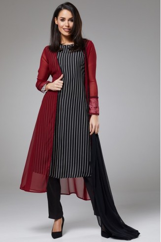 FIRED BRICK MAROON AND BLACK JACKET STYLE DESIGNER READY TO WEAR DRESS