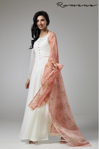 Off White Peach Flared Dress Anarkali Gown