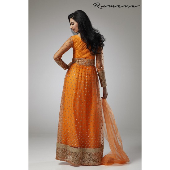 ORANGE FLARED STYLE MENDI WEAR READY MADE ANARKALI DRESS 
