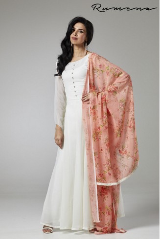 Off White Peach Flared Dress Anarkali Gown
