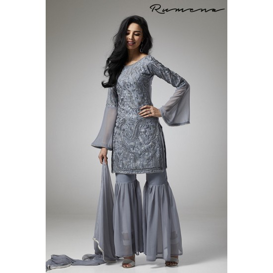 GREY GEORGETTE GHARARA PANTS STYLISH READY MADE SUIT