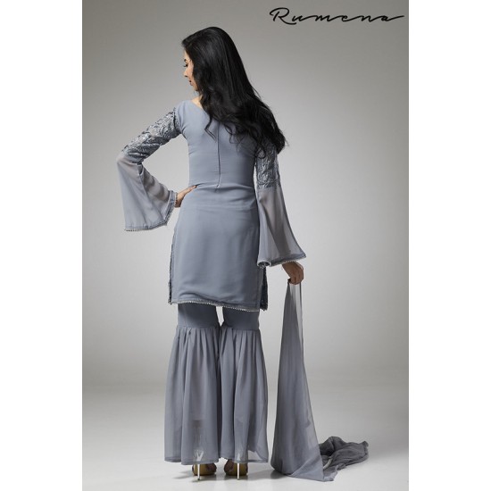 GREY GEORGETTE GHARARA PANTS STYLISH READY MADE SUIT