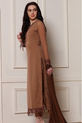 BROWN EMBROIDERED CUT WORK BORDERS READY MADE SALWAR SUIT