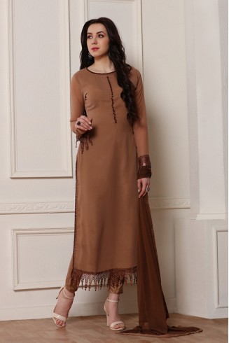 BROWN EMBROIDERED CUT WORK BORDERS READY MADE SALWAR SUIT