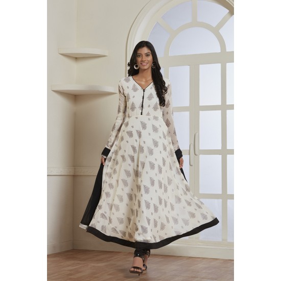 WHITE AND BLACK FLARED STYLE READY MADE INDIAN DRESS