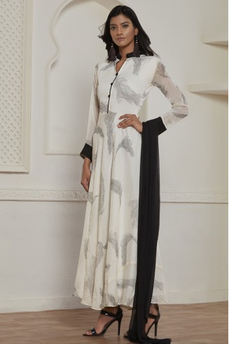 Off White Long Flared Readymade Dress