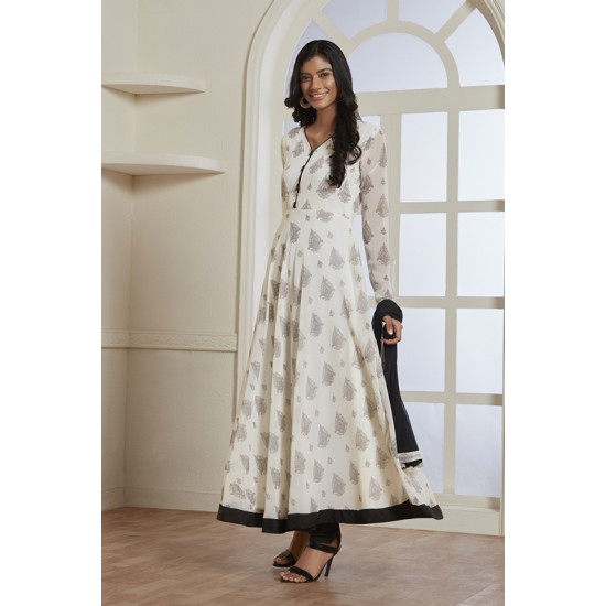 WHITE AND BLACK FLARED STYLE READY MADE INDIAN DRESS